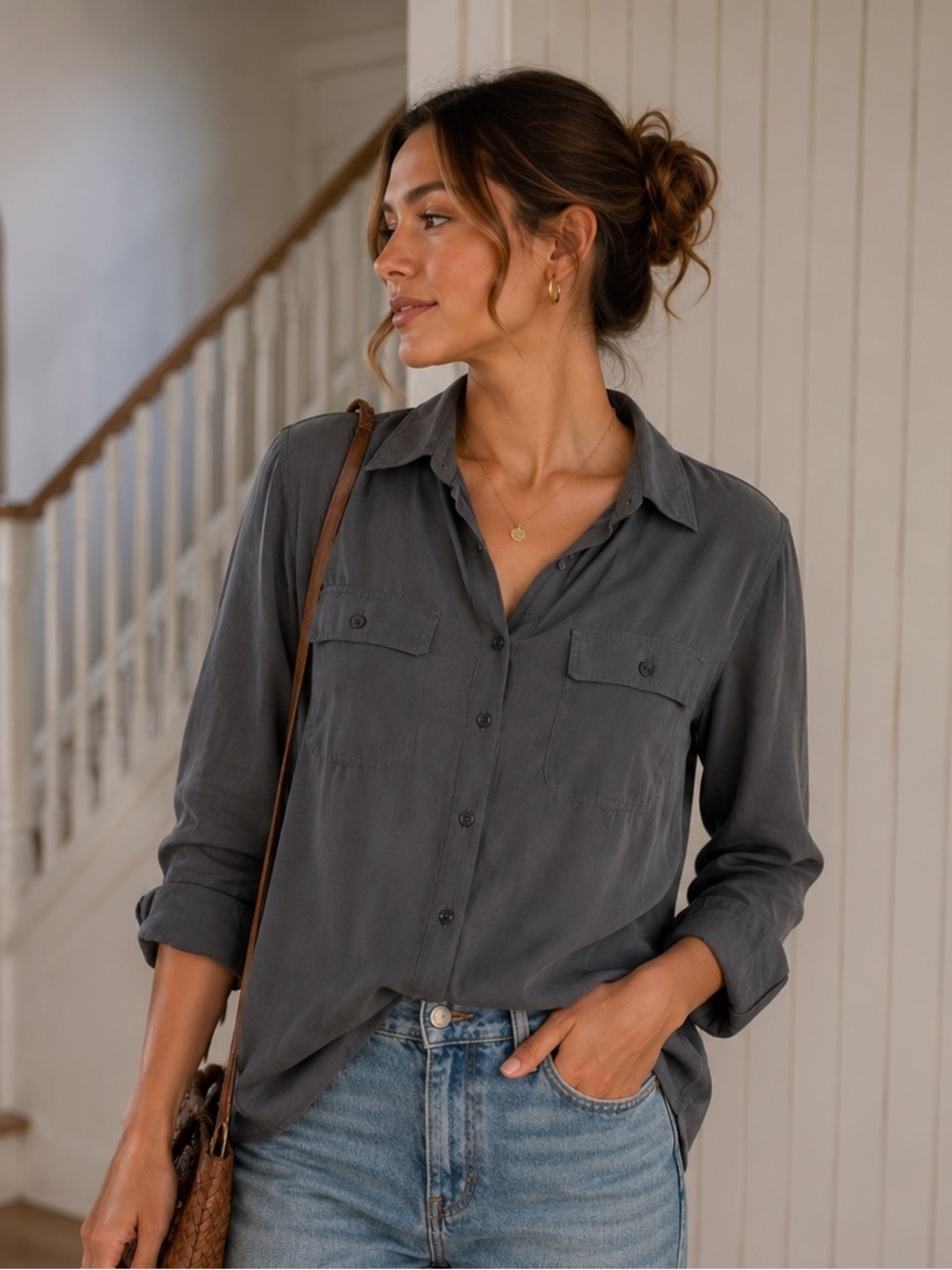 SMW 100% Silk Vintage Charcoal Grey Long Sleeve Button Down Blouse Medium